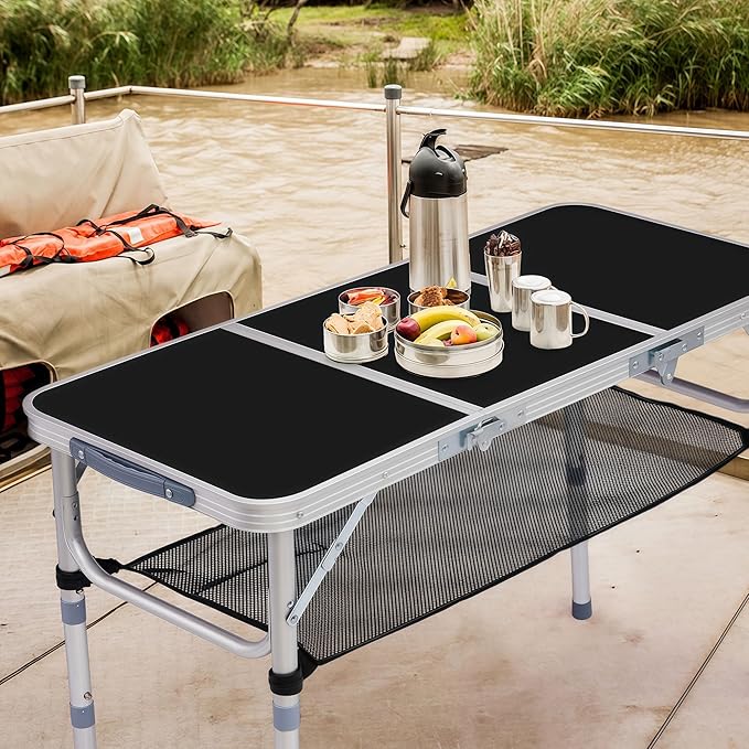 Ultralight Folding Camping Table Adjustable Height Portable Picnic Table with Carry Handle Small Aluminum Side Table for Outdoor Hiking Beach BBQ Picnic and Office (3FT)