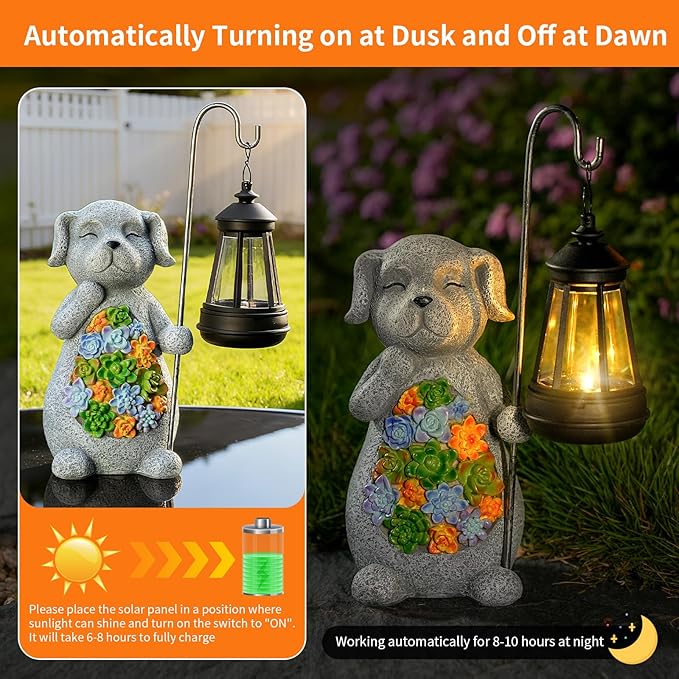 Solar Dog Garden Statue with Lantern – Waterproof Resin Outdoor Decor for Yard Lawn Flower Bed Backyard Front Yard Patio Balcony – Gift for Dog Lovers