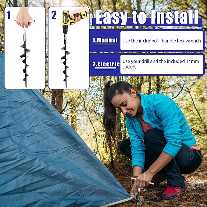 Eazy2hD 6 Pack Tent Stakes Heavy Duty 15 Inch Ground Anchors Screw in Metal High Winds Trampoline Stake with Nut and Tool Spiral Anchor Kit for Camping Swing Set Mobile Home Car Ports