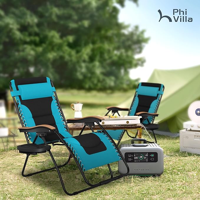 PHI VILLA XXL Oversized Padded Zero Gravity Chair Foldable Patio Recliner 30 Wide Seat Anti Gravity Lounger with Cup Holder Support 400 LBS (Aqua)