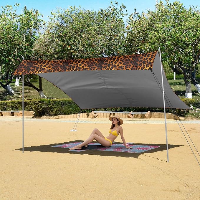 ALAZA Brown Leopard Cheetah Print Beach Tent Sun Shelter UPF50+ Protection Beach Shade Canopy w/ 4 Sandbags for Outdoor Camping Fishing Backyard Fun Picnic 10x9 ft