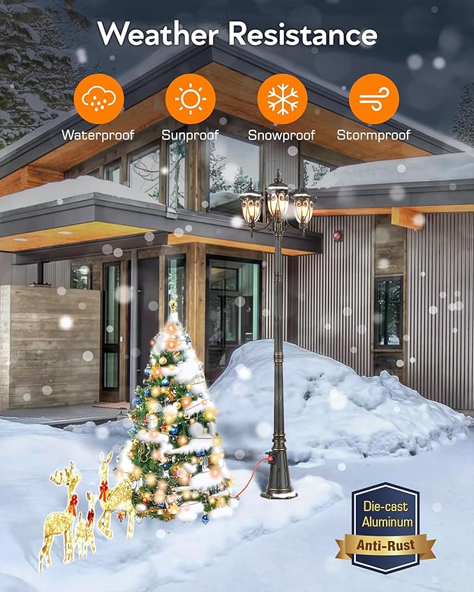 VIANIS Outdoor Lamp Post Light with Outlet Dusk to Dawn Black Light Lamp Posts for Outside with 3 Head Waterproof Post Lights Outdoor for House Doorway Driveway Anti-Rust