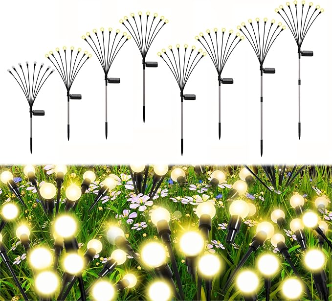 Firefly Lights Solar Outdoor 8 Modes 800mAh Swaying Solar Firefly Garden Lights Stakes Outdoor Waterproof for Outside Yard Patio Plant Christmas Holiday Garden Decor Warm White(8 Pack)