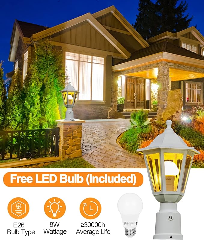 FUDESY Dusk to Dawn Outdoor Post Light White Modern Exterior Post Lantern with Pier Mount Base Plastic Waterproof Lamp Light Fixture for Garden Yard Patio Pathway LED Bulb Included
