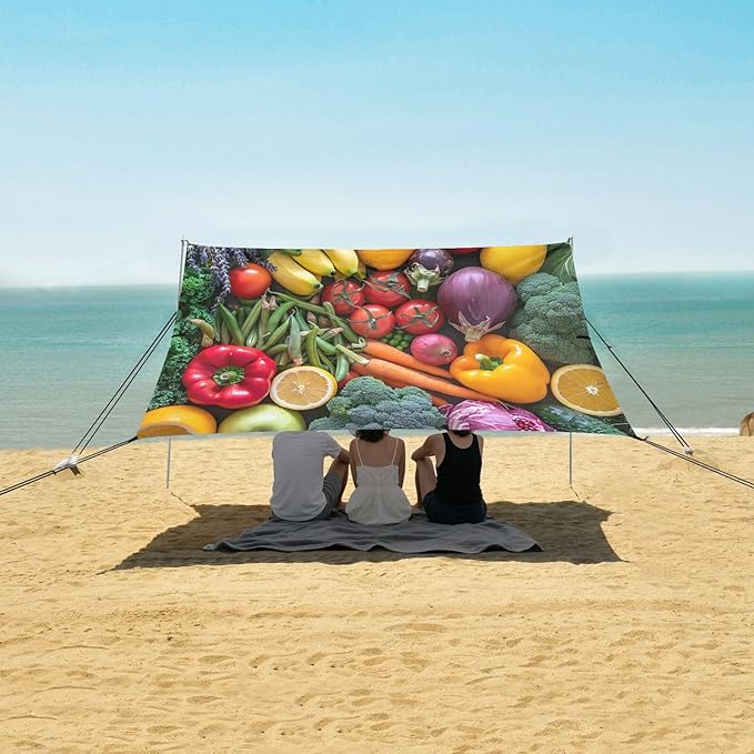 Fruits and Vegetables Beach Tent Sun Shelter 9.2' x 10.5' Beach Canopy with 4 Sandbags 4 Stability Poles Sand Shovels - Tent Canopy for Beach Camping Fishing Picnics