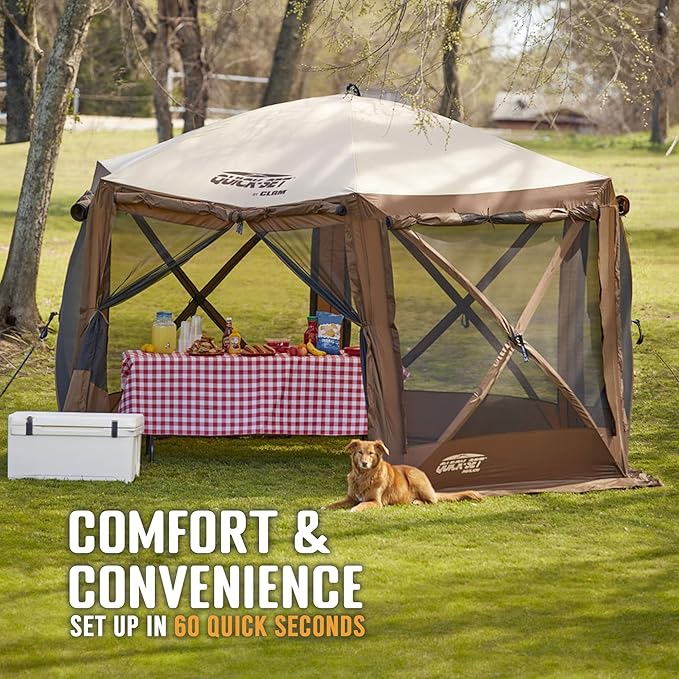 CLAM Pop Up Screen Tent Large Outdoor Camping Gazebo Canopy Pavilion 12.5' Brown - Foldable and Portable Screened Shelter with Netting for Beach Patio and Backyard
