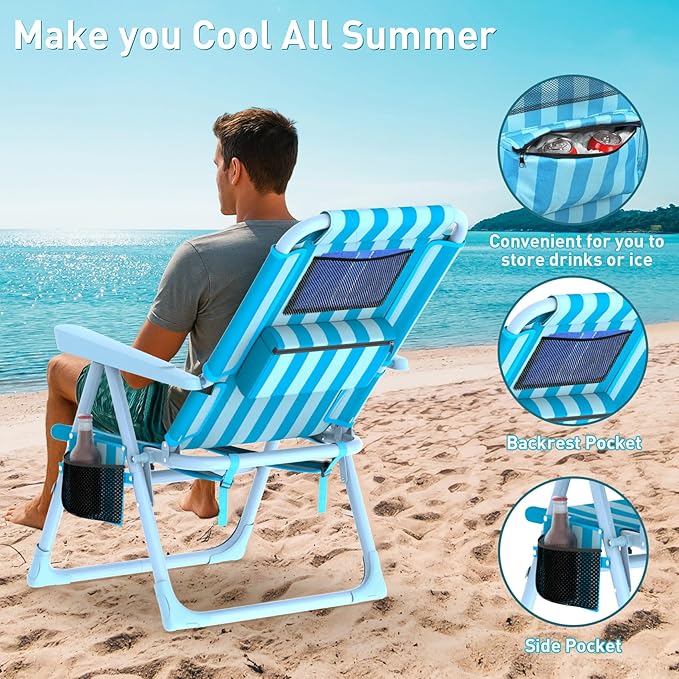 Suteck Backpack Beach Chair 6-Positions Beach Chairs for Adults with Cooler Bag Reclining Beach Chair with Cup Holder Folding Camping Chair for Sand Outdoor