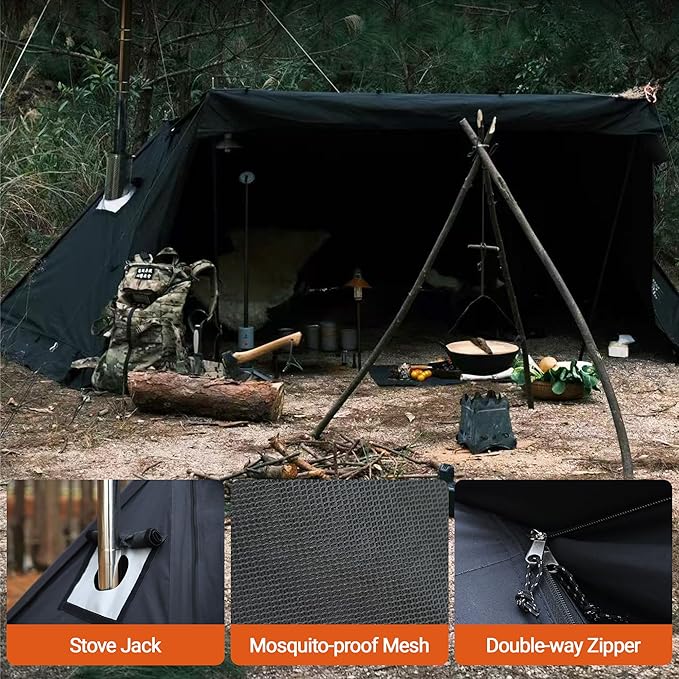 Hot Tent for 1-2 Person PU3000mm Waterproof Aluminum Poles for Winter Camping with Stove Jack (Fire-Resistant) Ventilation Mesh &amp Windproof Enclosure Multi-Use for Cooking Relaxing &amp Over