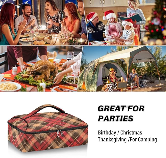 Casserole Carrier Print Red and Brown Tartan Pattern Insulated Casserole Carrier for Hot or Cold Food Thermal Lunch Tote for Parties Picnic Travel Carry Bag