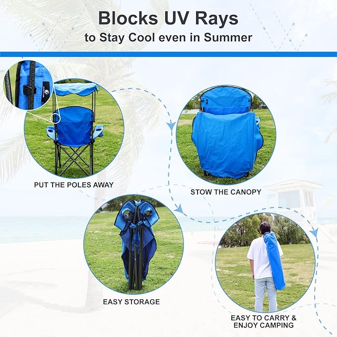 LET'S CAMP Camp Chair with Shade Canopy Folding Camping Recliner Chair with Carry Bag for Outdoor Camping Hiking Beach Heavy Duty 350 LBS