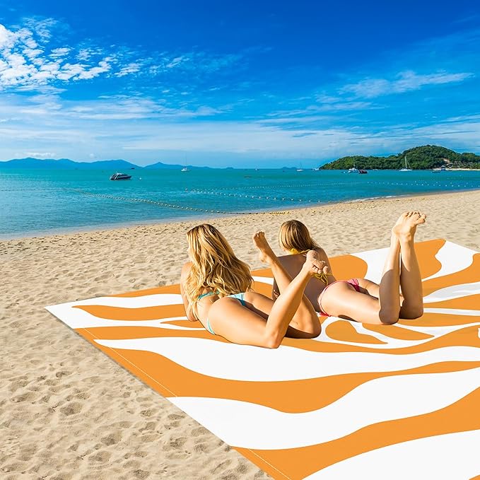 110''×118'' Waterproof Sandproof Beach Blanket 8 Adults Sand Free Boho Sun Outdoor Beach Mat with 4 Stakes Extra Large Compact Picnic Pockets Blanket Essential for Travel Camping Summer Vocation
