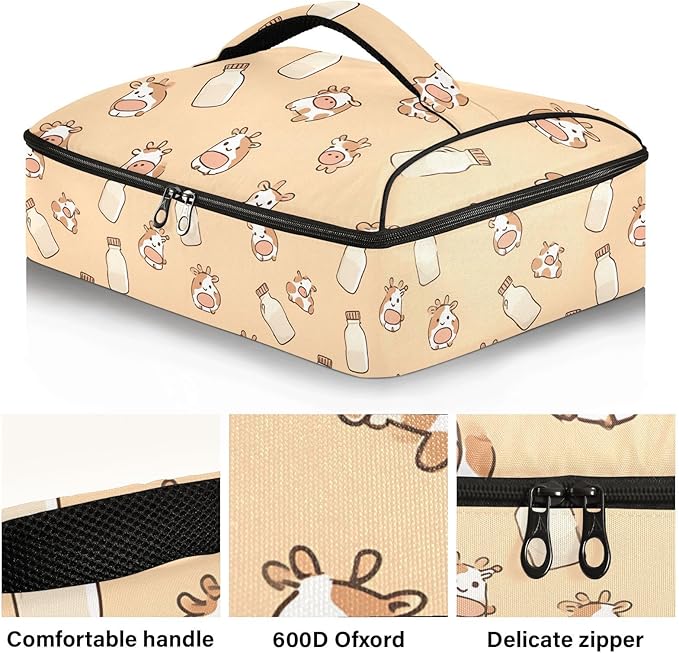 Casserole Carrier Cute Cow Milk Bottle PatternInsulated Casserole Carrier for Hot or Cold Food Thermal Lunch Tote for Potluck Parties Picnic Beach Fits 9 x 13 Inches Baking Dish