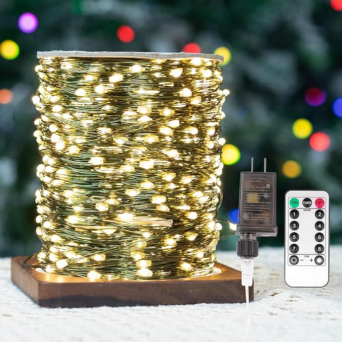 Fairy Lights Plug in200FT 600LEDs Waterproof Led String Lights8 Modes Remote Twinkle Light for Outdoor Indoor Christmas Wedding Birthday Garden Party DecorationsGreen WireWarm White