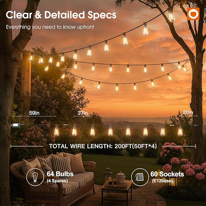 addlon 200FT(50FT*4) Outdoor String Lights with RemoteWaterproof Patio Lights ETL Listed with Shatterproof Dimmable ST38 LED Bulbs Connectable Outdoor Lighting for Backyard Bistro Garden Bistro