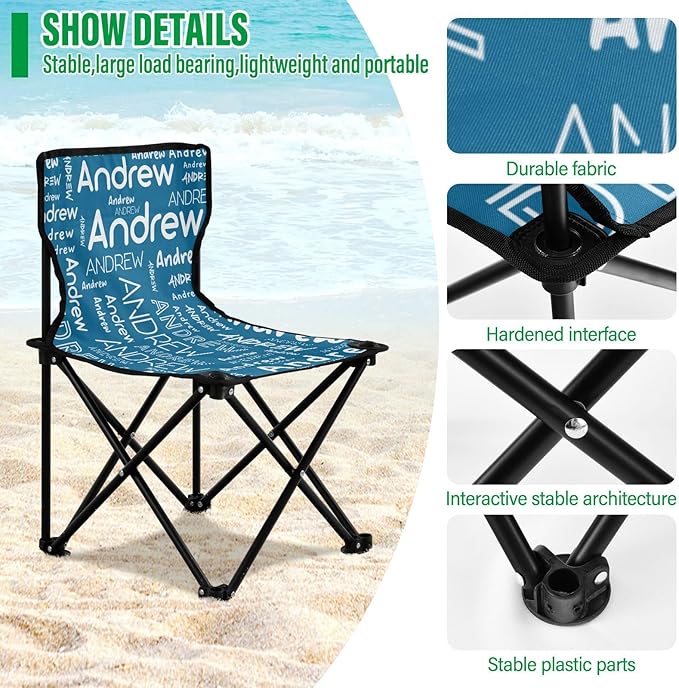 Sinestour Ice Blue Custom Folding Camping Chair for Teen Child Personalized Name 14.6×14.6in Portable Outdoor Chair with Carry Bag for Travel Picnic Barbeques