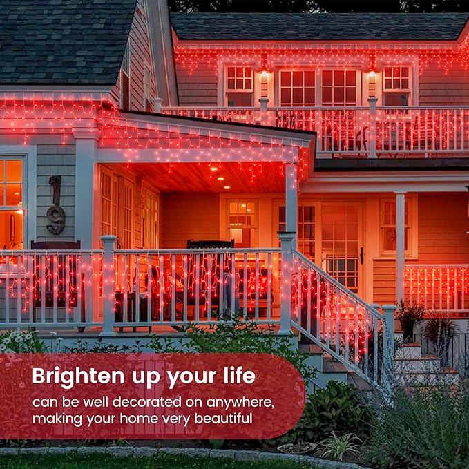 Hopolon 33FT 360L LED Icicle String Lights - Outdoor Waterproof 8 Modes With 60 Drops - Curtain Lights for Indoor/Outdoor Decorations (Red)