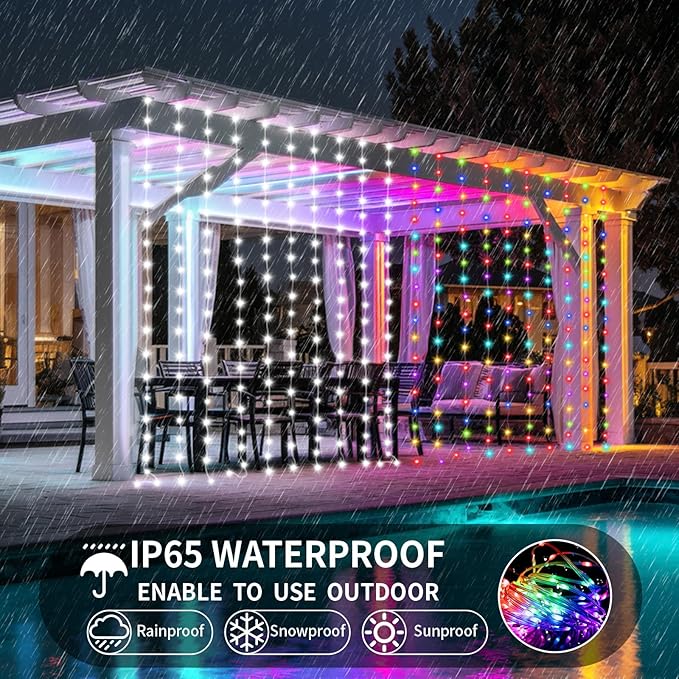 Solar Curtain Lights Outdoor Waterproof 10x10Ft 300LED Multicolor Cool White Dual Color Changing Fairy String Lights with Dimmable Remote Timer Memory for Christmas Balcony Pergola Patio