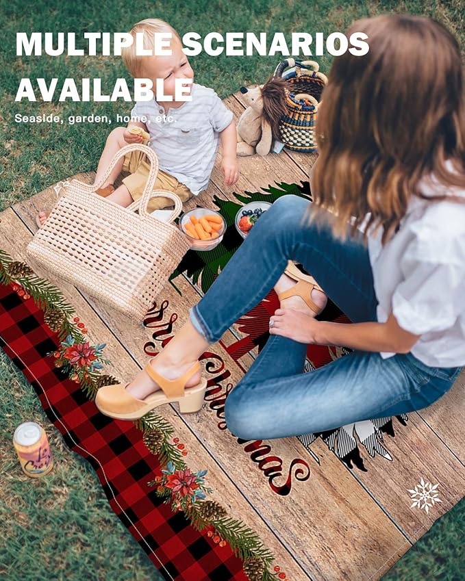 Beach Blanket Waterproof Sandproof OversizedWinter Christmas Buffalo Lattice Tree Beach Mat with Corner Stakes Sand PocketsWooden Grain Outdoor Picnic Mat for Travel Camping Hiking 95x80In