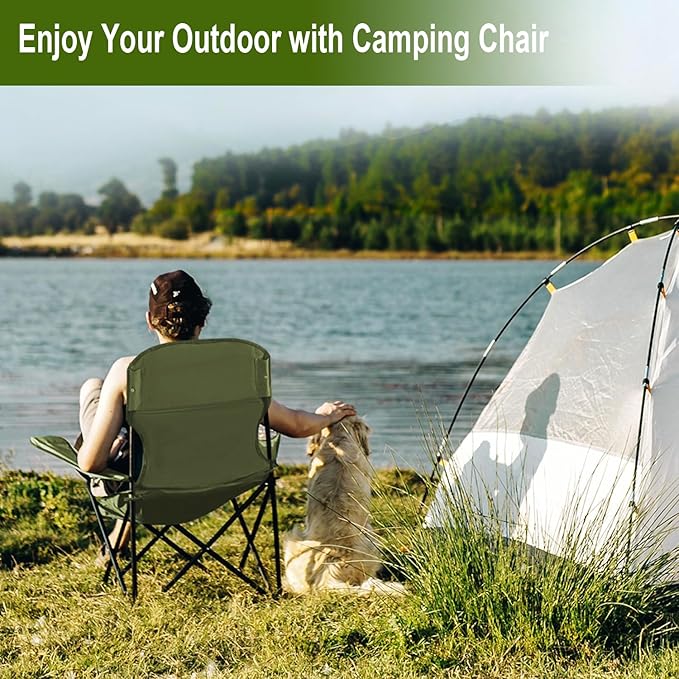 Folding Camping Collapsible Chairs Heavy Duty Lawn Chair with Cooler Bag Storage Pocket Waterproof Bag Outdoor Arm Chair Supports 225LBS Green