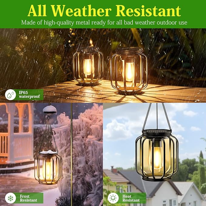 Solar Hanging Lanterns Outdoor: 2 Pack Metal Solar Hanging Lights with Hook Bright - Warm Waterproof LED Lanterns for Outside Classic Decorative Solar-Powered Light for Yard Garden Patio Porch Decor