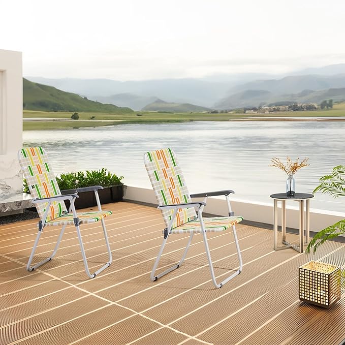 Outvita Webbed Lawn Chairs Set of 2 Foldable Metal Patio Chairs Stable Steel Outdoor Chair for Camping Fishing Beach Poolside Backyard and BBQ