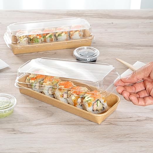 Restaurantware-LIDS ONLY: Matsuri Vision 8.8 x 3.7x 1.2 Inch Lids For Sushi Containers 100 Airtight Lids - Containers Sold Separately No-Fog Design Clear Plastic Dome Lids For Sushi Boxes