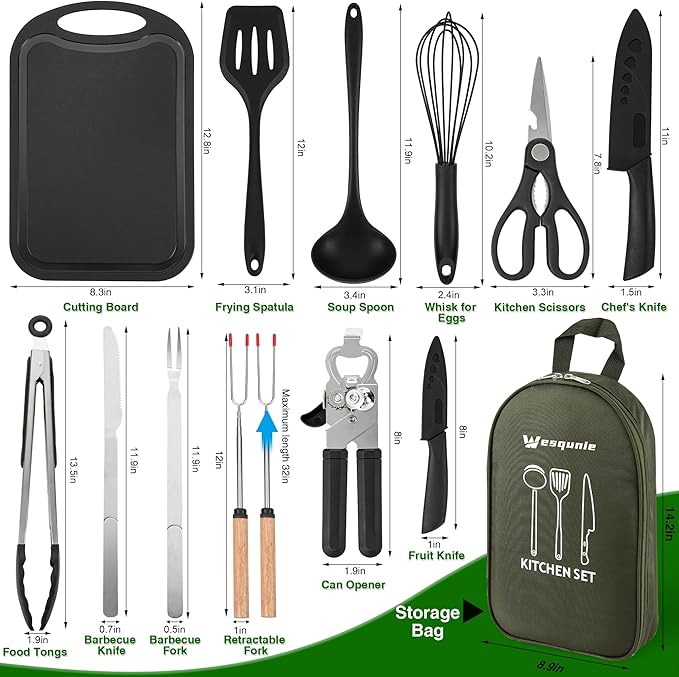 Camping Essentials Cookware Cooking Utensils Set - Portable Camp Kitchen Mess Kit Outdoor Accessories Stainless Steel &amp Silicone Camping Gear Equipment for RV Picnic Grill Green