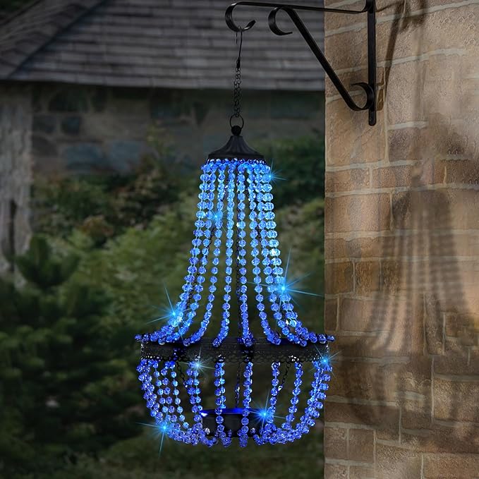 Hanging Solar Lantern Outdoor 28” Modern Clear Crystal Acrylic Chandelier with 30 Blue Lights S Hook for Garden Yard Patio Gazebo Decorations