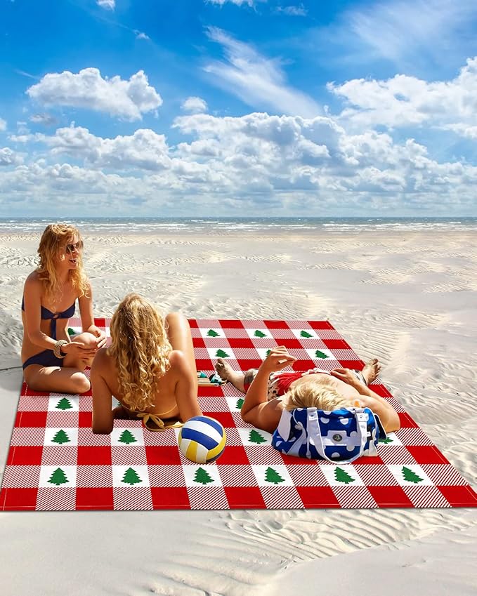 Beach Blanket Waterproof Sandproof OversizedMerry Christmas Green Trees Seamless Beach Mat with Corner Stakes Sand PocketsRed Buffalo Plaid Outdoor Picnic Mat for Travel Camping Hiking 83x79In