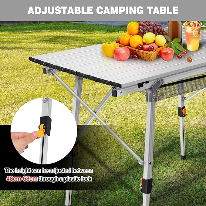 Portable Camping Table with Adjustable Height Legs and Lightweight Aluminum Roll Up for Outdoor Activities Beach Fishing Garden BBQ.