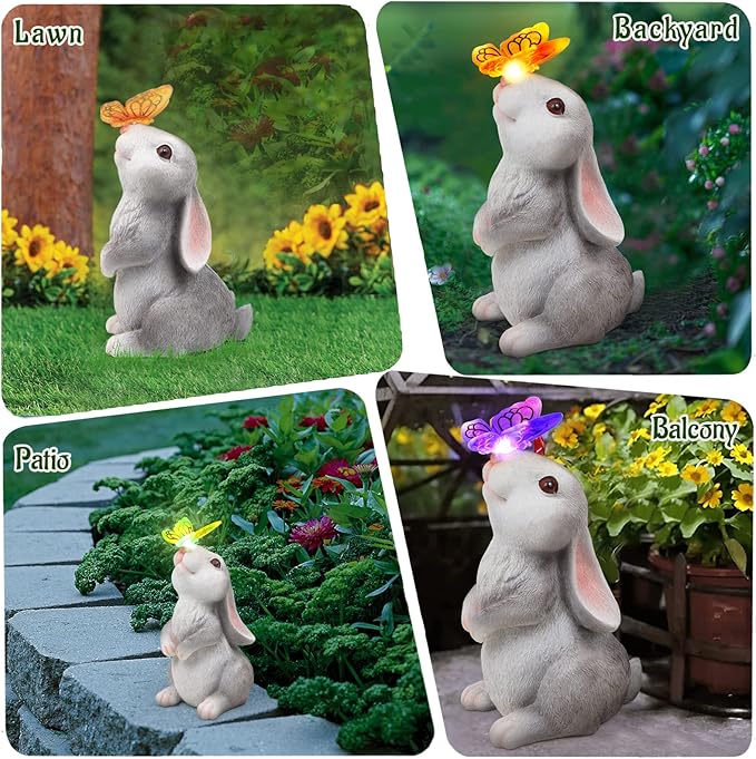 Garden Statue Outdoor Decor-Rabbit with Solar Butterfly Changing Lights Garden StatuesBunny Statue for PatioBalconyYardLawn OrnamentGardening Gifts for Mom Grandma