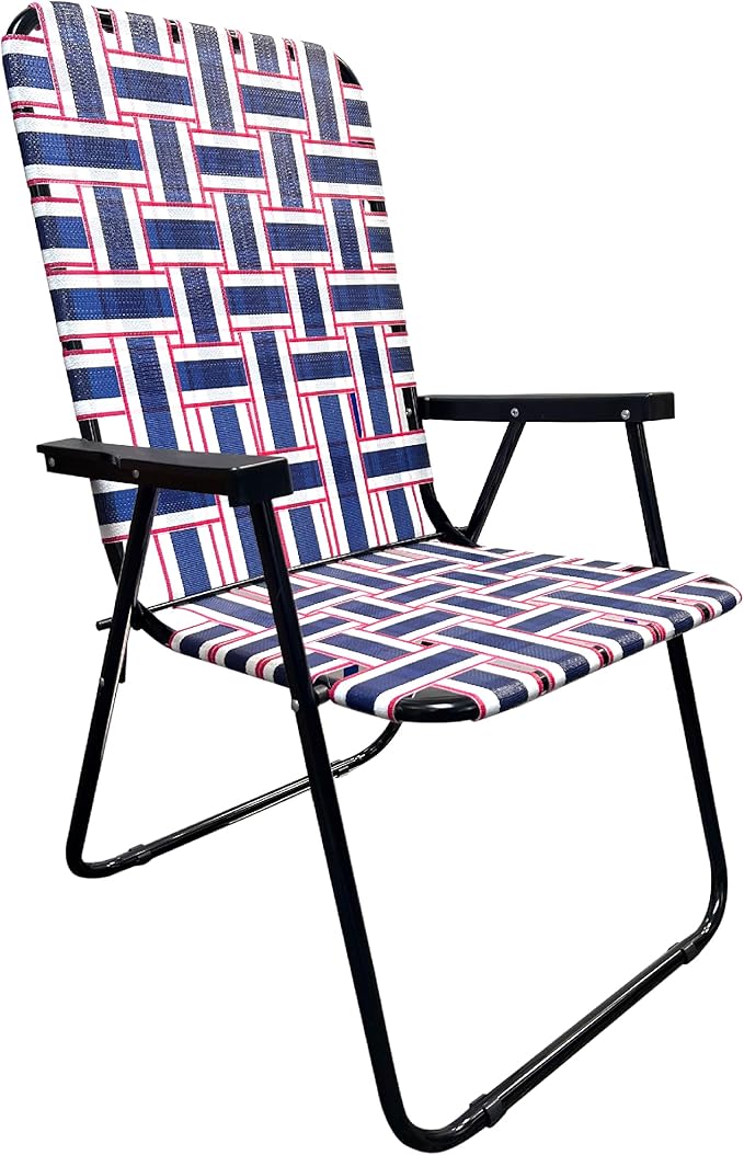 Lawn Chair Folding Steel Webbing Chaise Patio Lounger Seat Wood Handles Great for Camping Beach Fishing Backyard Stadium Pool Boating and Sports 4 Pack Blue/Red