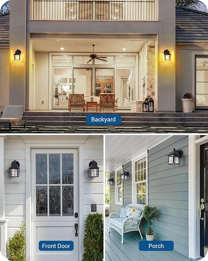 EDISHINE 2 Pack Outdoor Porch Light Dusk to Dawn Exterior Lighting Fixtures Modern Outdoor Wall Lights Fixture Clear Water Ripple Glass Anti-Rust Waterproof for Front Door Garage Patio Black