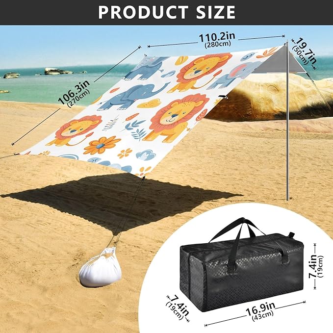 Lion and Elephant Kids Camping Sun Shelter Beach Tent Portable Beach Sun Shade Outdoor Canopy for Camping Trips Fishing Picnic