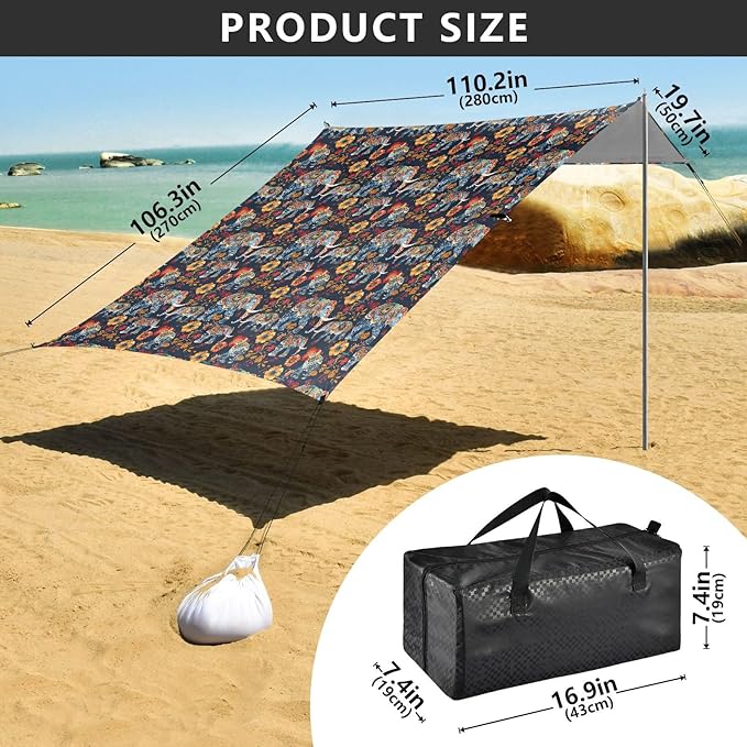 ALAZA Elephant Boho Vintage Beach Tent Sun Shelter UPF50+ Protection Beach Shade Canopy w/ 4 Sandbags for Outdoor Camping Fishing Backyard Fun Picnic 10x9 ft