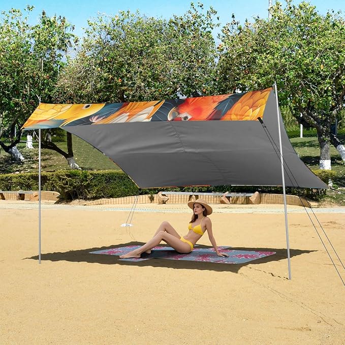 Colorful Birds Beach Tent Sun Shelter 9.2' x 10.5' Beach Canopy with 4 Sandbags 4 Stability Poles Sand Shovels - Tent Canopy for Beach Camping Fishing Picnics