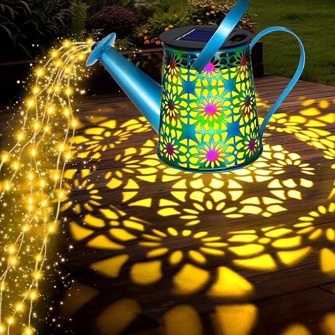 2 Pack Solar Lights Outdoor Decorative Blue Metal Solar Watering Can Lights Waterproof Gifts for Women Mom Grandma Birthday Hanging Lanterns Decoration Garden Decor for Outside Yard Patio Lawn