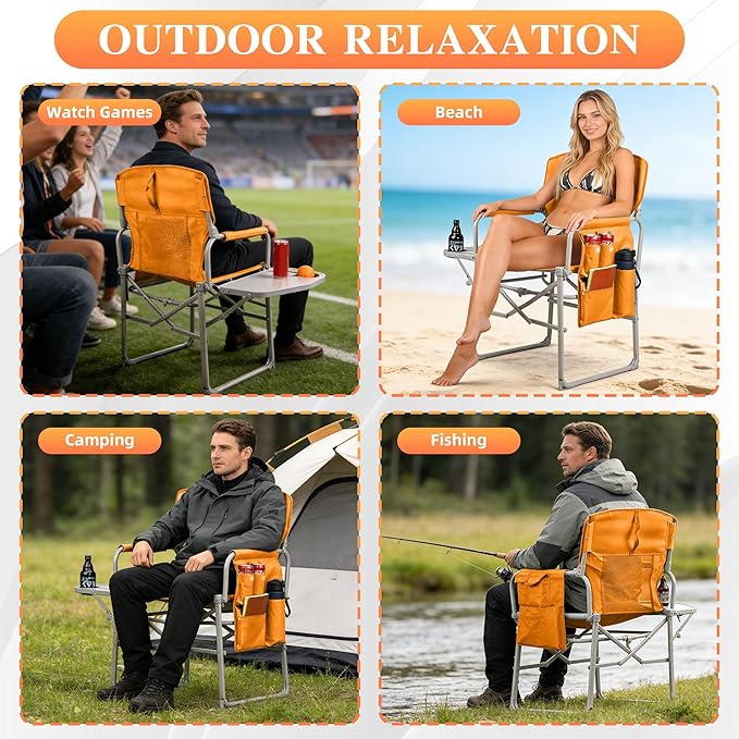 Camping Directors Chair Portable Folding Chair with Side Table and Pocket for Beach Camping Lawn &amp Fishing Tangerine