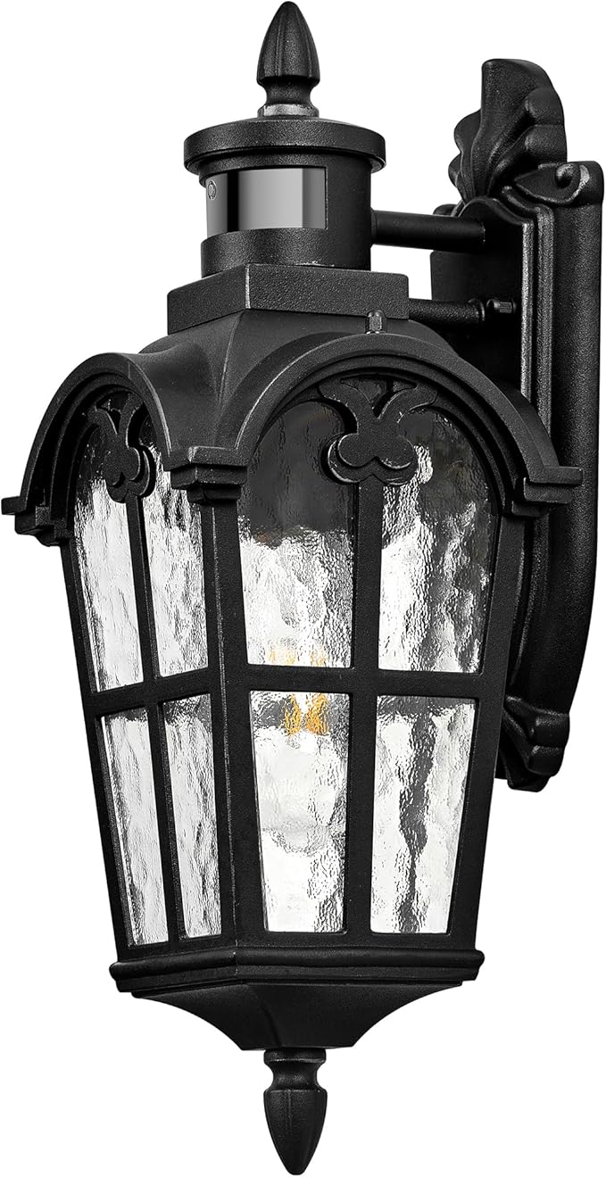 VIANIS Porch Lights Outdoor Motion Sensor Black Dusk to Dawn Outdoor Garage Lighting Fixtures Aluminum Waterproof Outside Sconce Lights with Ripple Glass Coach Light Wall Mount for House Doorway