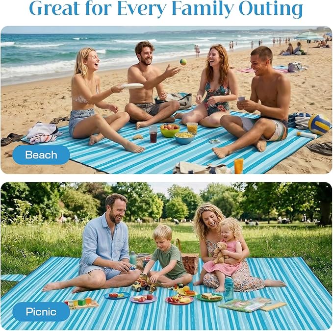 OIGAE 7x7ft Sandproof Beach Blanket - Large Waterproof Picnic Mat for 3-4 People Lightweight Sand Free Mat for Summer Vacation with 6 Stakes &amp 4 Corner Pockets for Beach Camping Festivals
