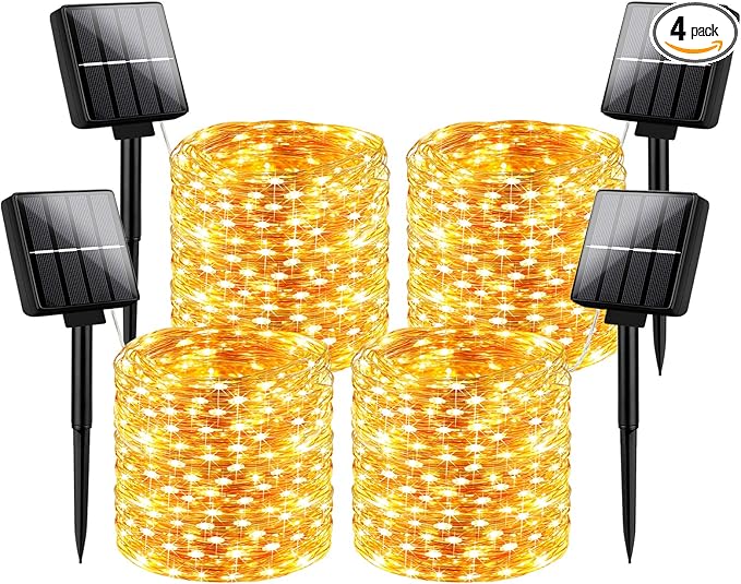 Brightever Outdoor Solar String Lights Waterproof 288Ft 4-Pack Each 72FT 200 LED Solar Powered Fairy Lights with 8 Lighting Modes Copper Wire Lights for Patio Garden Party Wedding (Warm White)