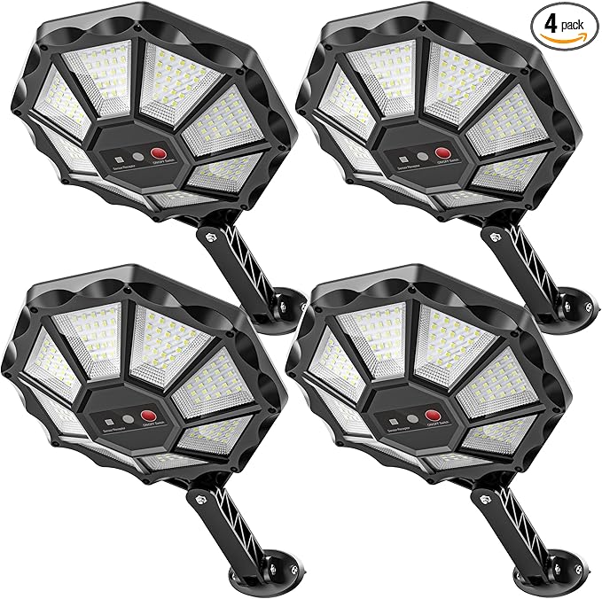 Solar Lights Outdoor - 6500K Solar Street Lights Outdoor Motion Sensor&ampDusk to Dawn Flood Light 168LED 8 Sides 360°Wide Angle Security Flood Light IP66 Waterproof with Remote for Yard/Pool(2 P