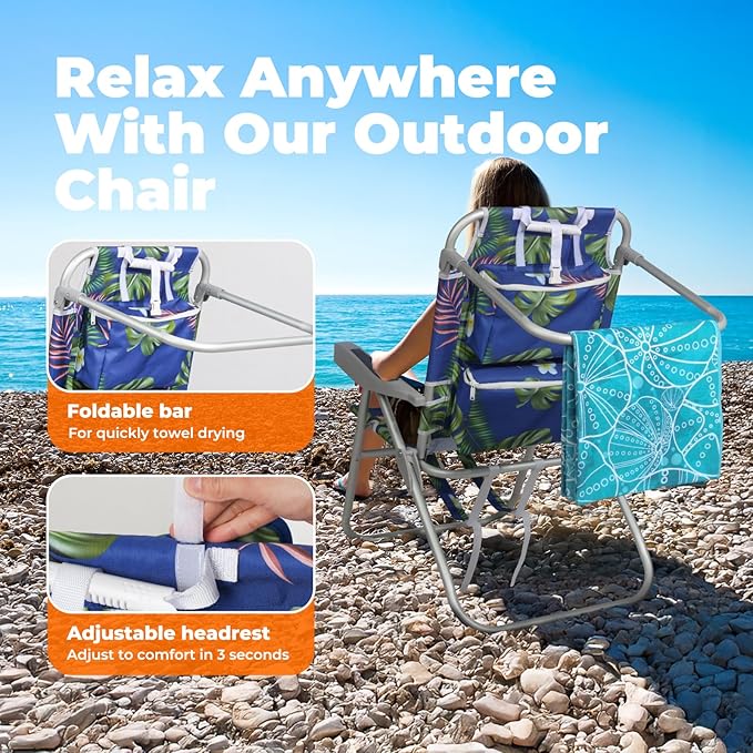 Tall Beach Chairs for Adults – 5-Position Reclining Backpack Chair with Large Insulated Cooler &amp Storage Pocket Portable Beach Chair for Travel &amp Outdoor Supports 300lbsTropical Palm 2 Pac