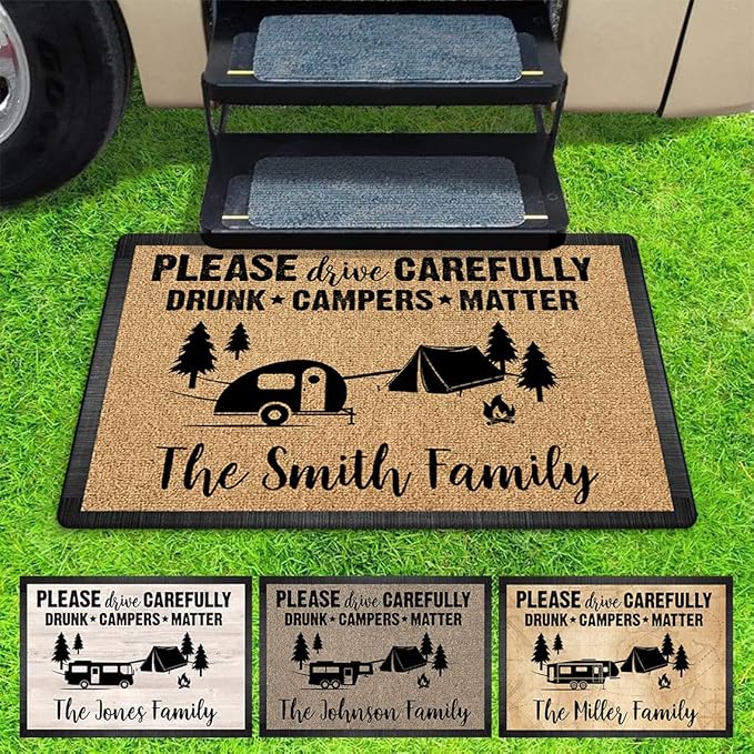 Personalized Please Drive Carefully Drunk Campers Matter Doormat Camping - Custom Family Name Door Mat RV Accessories for Inside Outside Funny Campsite Decorations Travel Trailers 16x24 inches