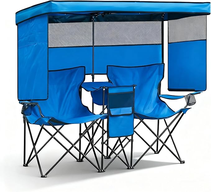 Double Beach Chair with Canopy Shade Heavy Duty Camping Chairs with Cup Holder Folding Loveseat for Outside Lawn