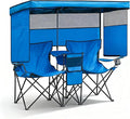 Double Beach Chair with Canopy Shade Heavy Duty Camping Chairs with Cup Holder Folding Loveseat for Outside Lawn