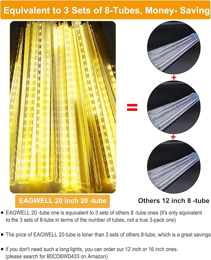 Meteor Shower Lights Outdoor Easter Lights UL Certified 20 Inch 20 Tubes 1080 LED Falling Rain Drop Lamp Snowfall Icicle Cascading String Lights for Xmas Holiday Tree Garden Decor Warm White