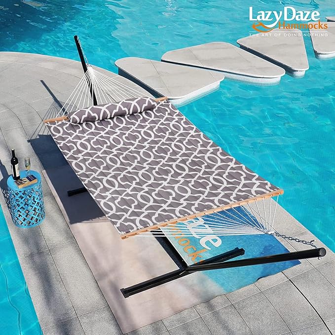 Lazy Daze Hammocks 12FT Quilted Fabric Hammock with Soft Pillow Double 2 Person Tree Hammock with Spreader Bar for Outdoor Outside Patio Garden Yard 450lbs Weight Capacity
