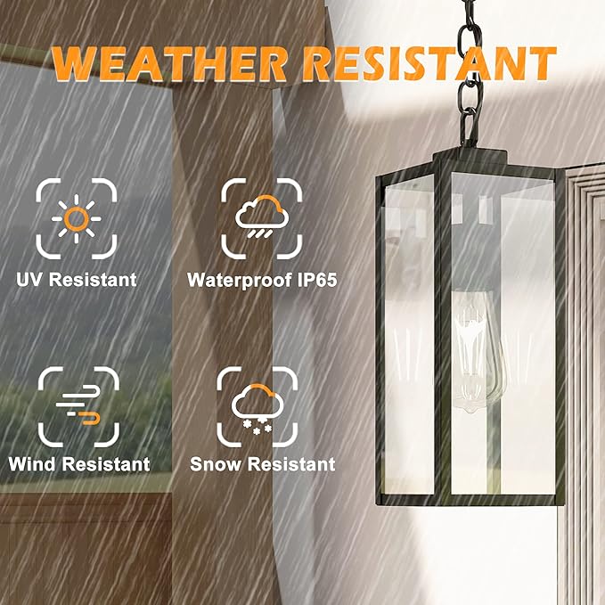 Pia Ricco Outdoor Pendant Light Modern Matte Black Adjustable Exterior Hanging Porch Lighting Waterproof Ceiling Mount Lamp with Clear Glass Shade for Front Porch Entryway Doorway ETL Listed