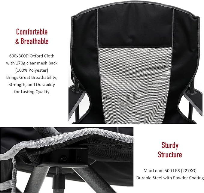 SUNNYFEEL Camping Chairs for Adults Oversized Camping Chair Heavy Duty 500LBS Portable Lawn Chair with Cup Holder Side Pocket&ampBag for Outdoor Camping/Beach/Picnic/Fishing Black 2 Pack